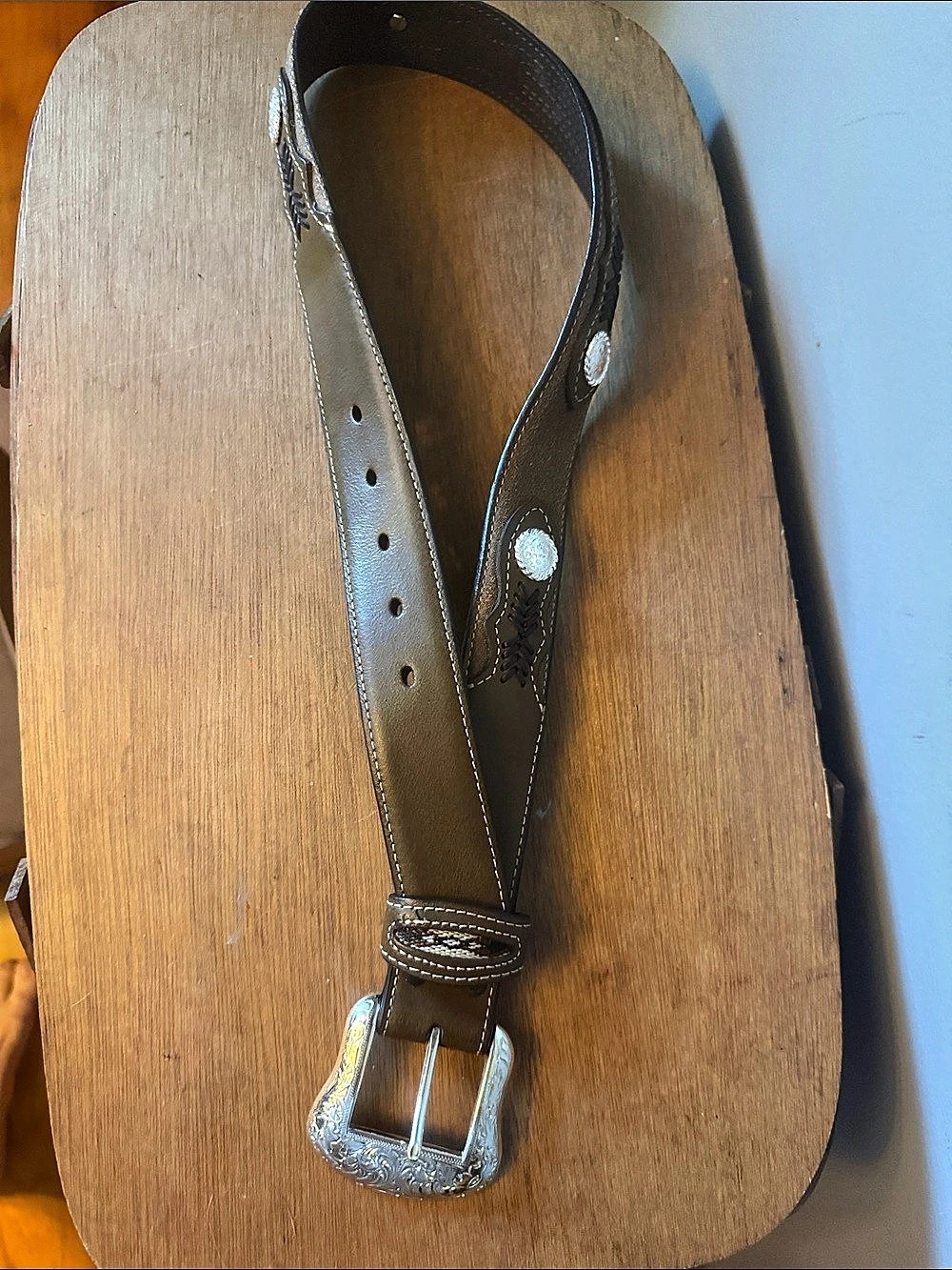 Nocona Brown Leather Southwest Fabric Inlay Western Belt - Size 28 unisex